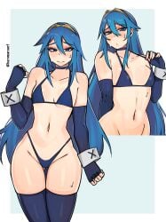 1girls blue_bikini blue_eyes blue_gloves blue_hair blue_legwear blue_thighhighs blush breasts choker clothing elbow_gloves female fire_emblem fire_emblem_awakening kuromaruart legs_together long_hair lucina_(fire_emblem) mini_bikini navel nintendo small_breasts sweatdrop sweating thighhighs thighs tiara toned_stomach wide_hips