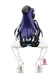 ass belt black_latex chihaya_kisaragi corruption crossbow dark_persona drone droneification female from_behind futanari futanari_transformation green_lips high_heels idolmaster idolmaster_cinderella_girls implied_transformation latex_body penis post_transformation thick_thighs transformation transforming_into_combatant wide_hips