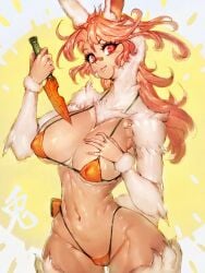 1girls 2023 big_breasts bikini bunny_ears bunny_girl bunny_tail chest_tuft female female_only fumio_(rsqkr) fur hi_res holding_knife holding_object knife large_breasts light-skinned_female light_skin long_hair looking_at_viewer micro_bikini monster_girl nipple_bulge orange_hair original pink_hair rabbit_ears rabbit_girl red_eyes smiling smiling_at_viewer solo symbol-shaped_pupils three-quarter_portrait white_fur year_of_the_rabbit