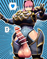 1futa armor balls bangs bar_censor bekobeko big_penis breasts censored clothed clothing erection futa_only futanari hair_ornament huge_balls huge_breasts human large_balls large_penis leotard light-skinned_futanari light_skin looking_at_viewer mostly_clothed muscular oversized_balls penis penis_out pink_hair short_hair smile smooth_balls smooth_penis solo standing sweat wide_hips