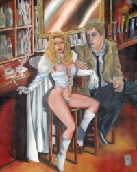 1boy 1girls 2013 blonde_hair blue_eyes cigarette cigarette_holder corset crossover dc dc_comics emma_frost female gene_espy hellfire_club human human_only john_constantine light-skinned_female light-skinned_male light_skin looking_at_viewer male marvel marvel_comics painting_(artwork) panties skimpy_clothes straight traditional_media_(artwork) trenchcoat white_queen wine_glass x-men