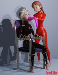 3d 4k anna_(frozen) black_latex blender bondage chair collar dildo dildo_in_mouth domination double_dildo elsa_(frozen) eyes_rolling_back freekiller frozen_(film) hair hi_res holding_dildo latex latex_suit looking_at_partner neck_collar pink_dildo red_latex rope_bondage sex_toy smiling_at_partner submissive_female tied_hands tied_legs tied_to_chair