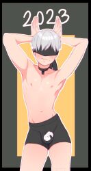 1boy 2023 blindfold blush bunny_pose choker hi_res higgyy looking_at_viewer male male_focus male_only new_year nier:_automata penis_bulge pose short_hair solo underwear white_hair year_of_the_rabbit yorha_9s