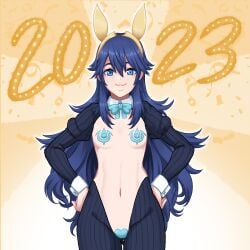 1girls 2020s 2023 alternate_costume alternate_version_available blue_eyes blue_hair breasts bunny_ears bunny_girl bunnysuit female female_only fire_emblem fire_emblem_awakening flat_chest hairband incognigoat lips long_hair lucina_(fire_emblem) new_year nintendo nipples reverse_bunnysuit ribbon small_breasts solo symbol-shaped_pupils year_of_the_rabbit