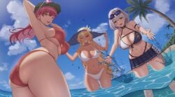 2022 3girls a_domo arm_up armpit ass beach belly big_breasts bikini bikini_bottom bikini_top breasts cap cleavage female green_eyes hat hololive hololive_fantasy hololive_japan houshou_marine microskirt miniskirt navel one_eye_closed partially_submerged red_bikini red_bikini_bottom red_bikini_top shiranui_flare shirogane_noel skirt splash splashing splashing_water summer sunglasses_on_forehead sunglasses_on_head swimwear thick_thighs thighs virtual_youtuber water water_drop white_bikini white_bikini_bottom white_bikini_top wink yellow_eyes