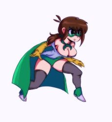 background big_breasts breasts brown_hair eddsworld ell_(eddsworld) ellsworld female gray_background green_eyes half_naked legs meoweddbun superhero thighs