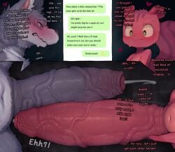 2023 anthro big_penis blush bodily_fluids canid canine comparing comparing_penis cutaway dialogue duo embarrassed english_text foreskin genital_fluids genitals heart hi_res huge_cock humanoid_genitalia humanoid_penis hyper hyper_genitalia hyper_penis japanese_text long_penis male male/male male_only mammal navel penis penis_size_difference rodent sciurid small_but_hung squirrel sweat sweatdrop syuro text thick_penis translated tree_squirrel vein veiny_penis