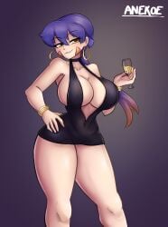 anekoe98 breasts cleavage dress drink dyed_hair female female_only frog_girl glass original original_character purple_hair rannie_(anekoe98) thick_thighs thighs tight_clothing