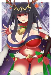 1girls alternate_costume antlers ass_visible_through_thighs bangs bare_midriff bare_thighs black_hair bra breasts brown_eyes cape christmas christmas_outfit cleavage female female_only fire_emblem fire_emblem_awakening fire_emblem_heroes huge_breasts long_hair midriff nintendo official_alternate_costume open_mouth panties pibu red_panties smile solo tharja_(fire_emblem) tharja_(winter)_(fire_emblem) thighs underwear waving