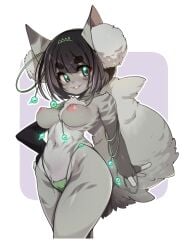 absurdres animal_ear_fluff animal_ears black_hair body_fur breasts commentary english_commentary female furry furry_female green_eyes grey_fur hand_on_hip highres hips medium_breasts navel nipples original parted_lips short_hair short_lady slugbox smile solo tail thick_eyebrows topless