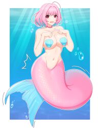 big_breasts breasts cute fish_girl fish_tail idolmaster idolmaster_cinderella_girls kiria_ai mermaid mermaid_girl mermaid_position mermaid_tail mermaid_transformation monster_girl only_female open_mouth pink_hair pink_tail scales seashell_bra seduction seductive seductive_eyes seductive_look seductive_pose the_idolm@ster underwater wide_hips yumemi_riamu