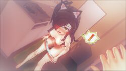 1boy1girl 1girls 3d black_hair cat_ears catgirl caught embarrassed green_eyes koikatsu nekoruna no_bra panties_down small_breasts undressing