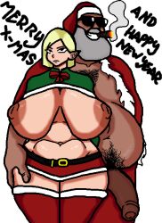 1girls 1male 2023 annoyed beard belly belly_button belt belt_buckle big_breasts big_penis blonde_hair body_hair chest_hair christmas christmas_elf christmas_outfit cigar dark-skinned_male dark_skin edit edited elf elf_ears fat_man female grey_beard groping haydee~_(artist) huge_breasts human male miniskirt new_year nipples overweight_male pubic_hair ribbon santa_claus santa_costume santa_hat skirt smoke smoking sunglasses thighhighs thighs