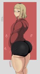 1girls ass big_ass big_butt black_shorts bubble_butt chainsaw_man eye_contact female female_focus female_only flat_chest fully_clothed hearts hoodie huge_ass jiggling_ass jiggling_thighs looking_at_viewer multicolored_hair neutral_expression red_eyes red_hoodie sawatari_akane short_hair shorts small_breasts snake_eyes standing thick_ass thick_thighs yamathegod