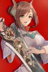 1girls alexandria_(xenoblade) braid breasts brown_hair edamameoka eyeliner female female_only french_braid greatsword green_eyes hair_bun holding holding_sword holding_weapon hourglass_figure kimono large_breasts long_hair long_sleeves looking_at_viewer makeup nintendo open_mouth red_background red_eyeliner simple_background smile smiling sword upper_body weapon white_kimono white_topwear xenoblade_(series) xenoblade_chronicles_3