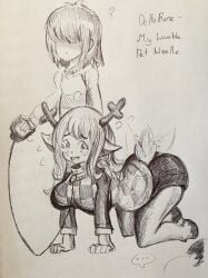 ... 1girls ? all_fours anthro antlers blush buckteeth collar deer deltarune embarrassed female femsub freckles fur furry hair_over_eyes hand_drawn kris_(deltarune) leash monochrome noelle_holiday petplay pikapika212 reindeer tail tailwag text