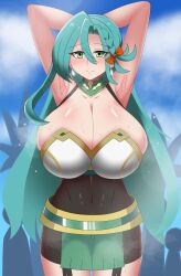 1girls armpit_fetish armpits arms_behind_head bare_thighs blue_hair bodystocking braid breasts bursting_breasts chloe_(fire_emblem) cleavage deep_cleavage female female_focus fire_emblem fire_emblem_engage green_eyes huge_breasts light_blue_hair long_hair looking_at_viewer midriff newgrounds nintendo outdoors pelvic_curtain pibu pixiv pose public smile solo_focus steaming_body sweat sweaty thighs very_long_hair