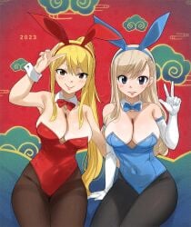 2girls big_breasts blonde_hair blue_eyes breasts bunny_costume bunny_ear bunny_ears bunny_girl bunny_tail bunnygirl bunnysuit crossover edens_zero fairy_tail gaston18 long_breasts long_hair lucy_heartfilia multiple_girls pantyhose playboy_bunny ponytail rebecca_bluegarden seduction seductive seductive_eyes seductive_look seductive_mouth seductive_pose seductive_smile year_of_the_rabbit