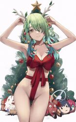 1girls alternate_costume antlers arms_up ass_visible_through_thighs boomei_(nanashi_mumei) bow bra braid braided_bangs breasts ceres_fauna christmas christmas_star christmas_tree cleavage collarbone cowboy_shot dollrys_(irys) earrings female flower gift green_hair green_nails hair_flower hair_ornament hair_over_one_eye halloween_baelz highres hololive hololive_english hololive_english_-council- hololive_english_-promise- irys jewelry large_breasts leaf light-skinned_female light_skin long_hair looking_at_viewer mole mole_under_eye nail_polish naked_ribbon red_bra red_ribbon ribbon sana_worm_(tsukumo_sana) side_braid simple_background smile solo star_(symbol) star_earrings thigh_gap thighs tree underwear vicarious_(vicillust) virtual_youtuber white_background yellow_eyes yukkronii_(ouro_kronii)