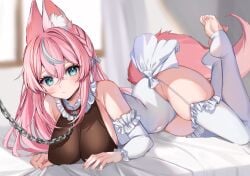 chain_leash dog_ears dog_girl dog_tail lying_on_bed pink_hair virtual_youtuber vyugen yuniiho yuniiho_(character)