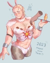 1boy ? armbands blonde_hair blue_eyes blush body_hair bulge bunny_boy bunny_ears bunny_tail bunnysuit chest_hair dark_souls disembodied_hand estus_flask fishnets fromsoftware fur_collar kemutai long_hair_male male male_focus male_only money money_under_clothes muscular muscular_male new_year nipple_bulge pantyhose ponytail pubic_hair_peek scars smile solaire_of_astora solo_focus stubble sweatdrop tray waiter wrist_cuffs year_of_the_rabbit