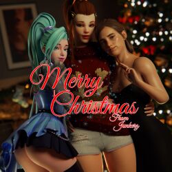 3d 3girls ass blender blizzard_entertainment brigitte brigitte_lindholm brown_hair christmas christmas_clothing christmas_sweater christmas_tree cleavage clothed clothing crossover dress ear_piercing earrings ellie_(the_last_of_us) ellie_williams female female_focus female_only freckles green_hair hugging jean_shorts junkerz k/da_all_out_seraphine k/da_all_out_series k/da_series league_of_legends legwear light-skinned_female light_skin long_hair looking_at_viewer naughty_dog no_panties no_underwear overwatch overwatch_2 ponytail pose posing red_hair riot_games seraphine_(league_of_legends) shorts smile sony_interactive_entertainment standing stockings sweater text the_last_of_us the_last_of_us_2 thick_thighs trio upskirt watermark