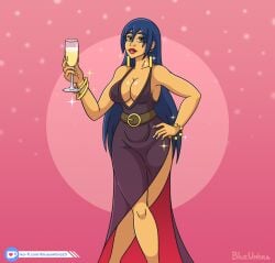 beatrice_(blueumbra) belt big_breasts big_lips blue_hair blueumbra breasts brown_eyes champagne champagne_flute champagne_glass cleavage dress drinking drinking_glass ear_piercing earrings eyelashes fancy fancy_clothing gold_(metal) gold_jewelry gradient gradient_background happy_new_year highlights_(coloring) jewelry latina legs lipstick long_hair looking_at_viewer makeup nails new_year new_year_2023 oc outfit party party_dress shading signature simple_background smiling smiling_at_viewer sparkles standing stars tanned tanned_skin watermark wristband