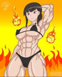 1girls abs artist_signature bikini black_hair danodrawings digital_media_(artwork) enen_no_shouboutai extreme_muscles female female_only fire fire_force huge_breasts light-skinned_female looking_at_viewer muscle_girl muscle_tone muscles muscular_female oze_maki purple_eyes six_pack solo toned_body toned_female toned_stomach