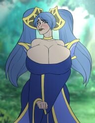 bashful big_breasts bursting_breasts hammertheshark huge_breasts large_breasts league_of_legends nipple_bulge sona_buvelle