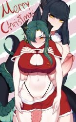 2022 2futas angry bangs barbed_penis big_breasts big_penis black_hair breasts carrying christmas cleavage clothed clothing dragon_girl duo erection futa_on_futa futa_only futanari gorn green_hair horns horny huge_breasts huge_cock human humanoid humanoid_penis larger_futanari light-skinned_futanari light_skin long_hair looking_at_viewer new_year orange_eyes original partially_clothed penis sep_(artist) size_difference slit_pupils smaller_futanari squatting tail tails_touching topless