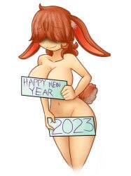 1girls breasts bunny_ears bunny_tail cleavage covering female female_only hair_between_eyes happy_new_year lyd_lemaris nairod103098 navel nude nude_female nudist red_hair short_hair sign solo