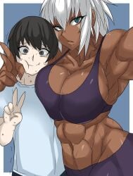 1boy 1girls abs big_breasts blue_eyes dark-skinned_female dark_skin facial_markings hug larger_female light-skinned_male light_skin midriff muscular muscular_female nervous original peace_sign selfie shaking smaller_male sweat tagme tomboy vein white_hair wide_hips zinga_(zokusuke) zokusuke