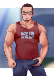 bara city_npc_(pokemon) glasses male male_only masturbation muscle niichi_(niichi21) npc_trainer penis pokemon pokemon_sv