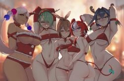 5girls alternate_costume alternate_version_available animal_ears armpits arms_behind_head ass_visible_through_thighs bikini blue_eyes blurry blurry_background breasts brown_hair ceres_fauna cleavage cowboy_shot green_hair hair_ornament hakos_baelz highres holocouncil hololive hololive_english hololive_english_-council- hololive_english_-promise- large_breasts long_hair looking_at_viewer multiple_girls myth1c nanashi_mumei navel ouro_kronii red_bikini red_hair santa_costume short_hair stomach swimsuit thigh_gap thighs tsukumo_sana underboob virtual_youtuber