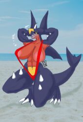 anthro areola_slip beach big_breasts blush claws cloud female garchomp ggez2341 looking_at_viewer muscular_female nipple_bulge pokemon pokemon_(species) sea sling_bikini smile spikes