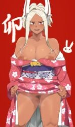 1girls 2023 absurd_res animal_ears bare_shoulders blush bunny_ears dark-skinned_female dark_skin female female_only hairy_pussy high_resolution japanese_clothes kimono kimono_lift long_hair minakami miruko my_hero_academia nipple_slip pink_kimono png pubic_hair pussy red_background red_eyes rumi_usagiyama solo standing thick_thighs thighs uncensored very_high_resolution white_hair year_of_the_rabbit