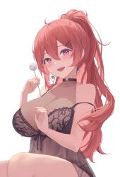 1girls blush cotton_swab earrings flower_huhu happy light-skinned_female light_skin looking_at_viewer mirolive open_mouth ponytail purple_eyes red_hair see-through see-through_clothing solo tabasuko_(virtual_youtuber) virtual_youtuber