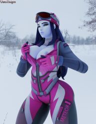 1girls 3d alternate_version_available amelie_lacroix biathlon_widowmaker big_ass big_breasts blizzard_entertainment clothed clothing cold fanart female female_only long_hair open_shirt overwatch overwatch_2 purple_body purple_hair purple_skin snow snowing solo solo_female standing thick_thighs unzipped unzipped_jacket unzipping vonsvaigen widowmaker winter yellow_eyes