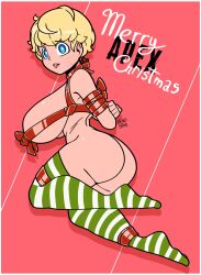 apex_legends blindstash blonde_hair blue_eyes bondage christmas huge_breasts kneeling lichtenberg_figure massive_breasts present ribbon ribbon_bondage scar tagme thighhighs wattson_(apex_legends)