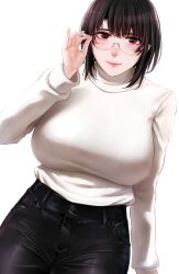 alternate_costume bespectacled black_hair black_pants breasts female ggli_(yuine_wantan) glasses highres huge_breasts kantai_collection leather leather_pants lips long_sleeves looking_at_viewer mature_female milf pants red_eyes round_eyewear short_hair simple_background solo sweater takao_(kantai_collection) white_background white_sweater