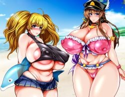 2girls abs ahoge armband bare_shoulders beach bikini blonde_hair blue_sky blush braid breasts brown_hair choker cleavage cloud cloudy_sky covered_erect_nipples crop_top dolphin female female_only frilled_bikini frills granblue_fantasy hat highres huge_areolae huge_breasts huge_nipples lecia_(granblue_fantasy) looking_at_viewer miniskirt monika_weisswind multiple_girls pink_bikini pleated_skirt shiny shiny_clothes shiny_skin skirt sky sweat swimsuit taihei_tengoku thick_thighs thighs thong_bikini twintails underboob wristband