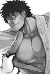 assisted_exposure big_pecs dougi greyscale hayami_masaki kengan_(series) kengan_omega male male_only martial_arts_uniform monochrome muscular muscular_male offscreen_character open_shirt painting_(artwork) pecs smile solo_focus spiky_hair sweat upper_body wbcat01 wide_eyed