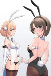 2girls back back_view blue_eyes bunny_ears bunny_girl bunny_tail bunnysuit clothed clothed_female exposed_back female female_only fishnet_stocking fishnets gibb_san green_eyes hololive hololive_gen_2 hololive_japan indie_virtual_youtuber light-skinned_female light_skin looking_at_viewer looking_back medium_breasts mother_and_daughter multiple_girls oozora_subaru panties revealing_clothes seductive seductive_look shigure_ui shigure_ui_(vtuber) side_view stockings thick_ass thick_thighs virtual_youtuber yellow_hair