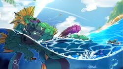 beach blue_eyes furry green_skin horsecock male monster muscles naga nude penis sea summer water zark