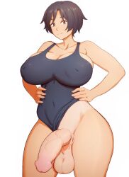 1futa 2022 balls big_breasts big_penis black_hair bottomless breasts clothed clothing flaccid futa_only futanari hand_on_hip human light-skinned_futanari light_skin partially_clothed penis penis_out short_hair solo standing swimsuit tan tanline uncensored zoryc