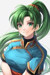 1girls bangs blue_dress breasts dress earrings fire_emblem fire_emblem:_the_blazing_blade green_eyes green_hair grey_background jewelry long_hair looking_at_viewer lyn_(fire_emblem) medium_breasts nintendo ponytail portrait short_sleeves simple_background smile solo ten_(tenchan_man) upper_body very_long_hair