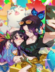 2girls aqua_nails arm_around_shoulders artist_name bangs bear black_hair black_shirt blurry blush breasts butterfly_hair_ornament cellphone colorful denim dm_(dai_miao) ear_piercing earrings female female_only glasses gradient_hair grin hoop_earrings hug ice_cream jacket_around_waist jewelry midriff phone selfie shiboren sunglasses tagme two_tone_hair