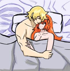 1boy 1girls bed blanket blonde_hair closed_eyes closed_mouth commission commissioner_upload cuddling happy light-skinned_female light-skinned_male light_skin long_hair orange_hair original original_character pillow smile spicec4ke