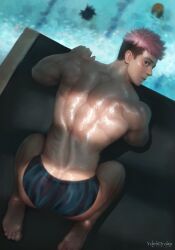 ass back back_muscles back_view bara biceps blue_speedo blue_swimwear blue_underwear butt human human_only itadori_yuuji jujutsu_kaisen kneeling light-skinned_male light_skin looking_at_viewer looking_back male male_focus male_only muscles muscular muscular_back muscular_male on_all_fours pink_hair pool solo solo_focus solo_male speedo swimwear underwear underwear_only water wet wet_body wet_skin ydendraws