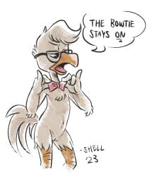 andromorph anthro avian beak bird bow_tie chest_tuft chicken clothing cuntboy dialogue disney ducktales ducktales_(2017) elbow_tuft english_text eyewear feathers fluffy fluffy_tail galliform gallus_(genus) genitals glasses gyro_gearloose half_lidded_eyes head_tuft intersex nude orange_beak orange_legs phasianid pink_clothing pussy scaled_legs shellyochunks simple_background solo tail tan_body tan_feathers text tuft white_background white_body white_feathers